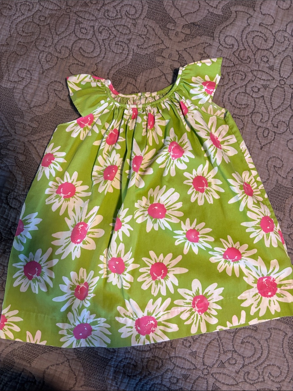 Girls' Green Floral Sundress with Pink Daisies Handmade